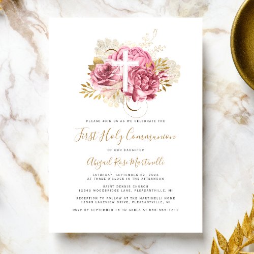Photo Cross Pink Gold Floral First Communion Invitation