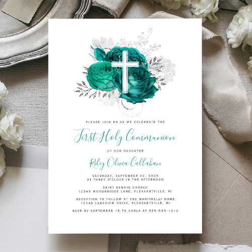 Photo Cross Teal Silver Floral First Communion Invitation