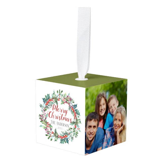 Photo cube ornament Merry Christmas wreath (Front Angled)