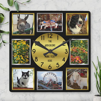 Photo Custom 8 Picture Personalized Black Gold Square Wall Clock by PictureCollage at Zazzle
