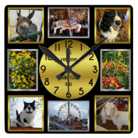 Photo Custom 8 Picture Personalized Black Gold Square Wall Clock
