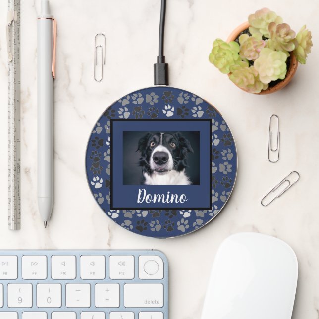 Photo Custom Dog Cat Pet Name Monogram Paws Wireless Charger (Desk)
