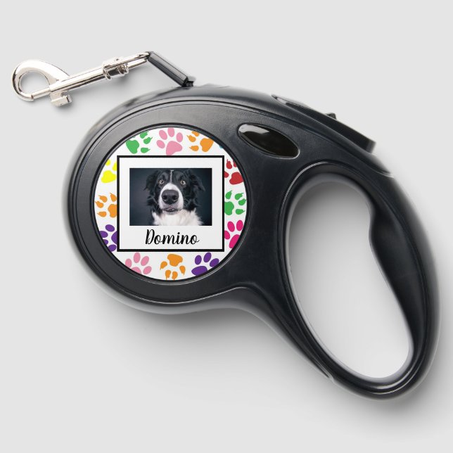 Photo Custom Dog Pet Name Monogram Paws  Retractable Pet Leash (Front)