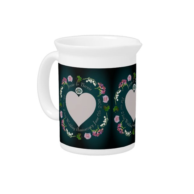 Photo Custom Floral Heart Wedding Anniversary    Beverage Pitcher (Left)