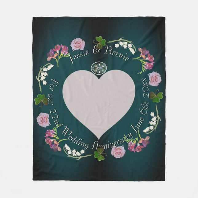 Photo Custom Floral Heart Wedding Anniversary  Fleece Blanket (Front)