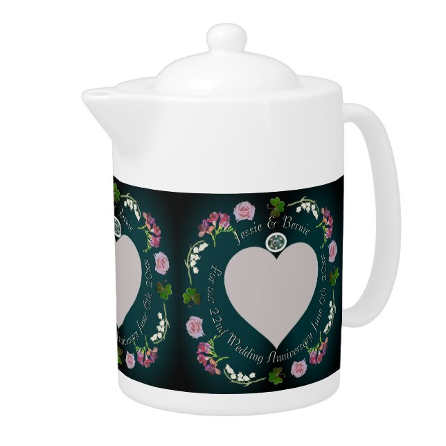 Photo Custom Floral Heart Wedding Anniversary   Teapot (Right)