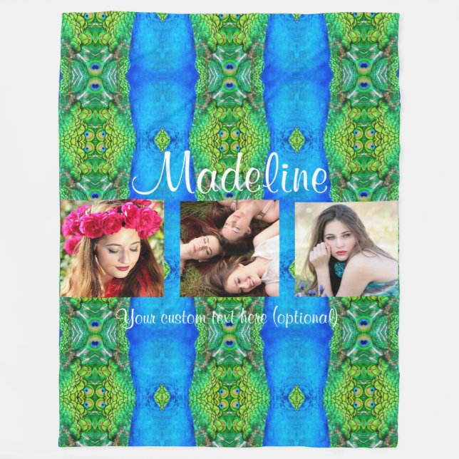 Photo custom text template peacock theme fleece blanket (Front)