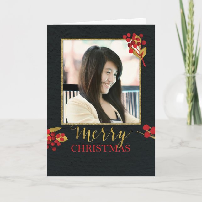 Photo Customizable Christmas Card, Black with Gold Holiday Card (Front)