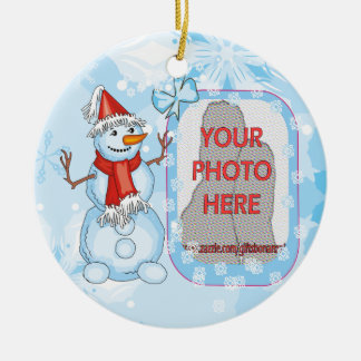 Photo customizable Xmas Snowman on snowflakes Ceramic Ornament