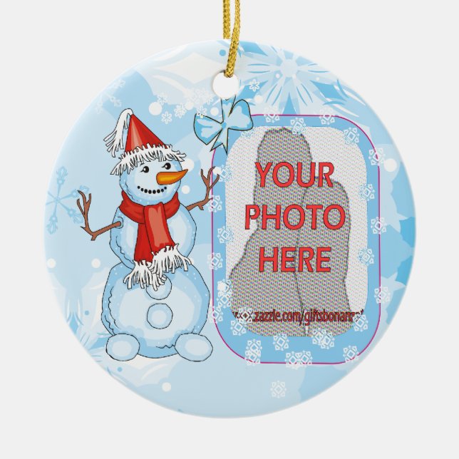 Photo customizable Xmas Snowman on snowflakes Ceramic Ornament (Front)