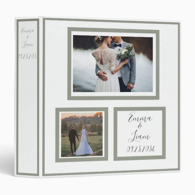 Photo Customized Sage Green Names Wedding Keepsake 3 Ring Binder (Front/Spine)