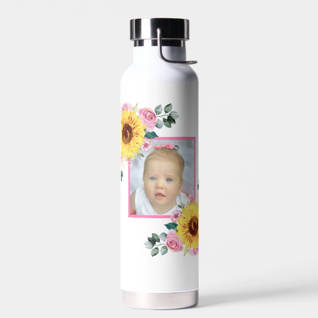 Photo Customized Sunflower Pink Botanical Water Bottle (Left)