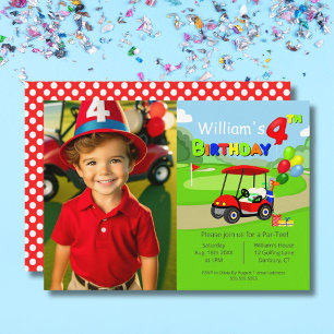 Photo Cute 4th Birthday Red Golf Cart Boy's Invitation
