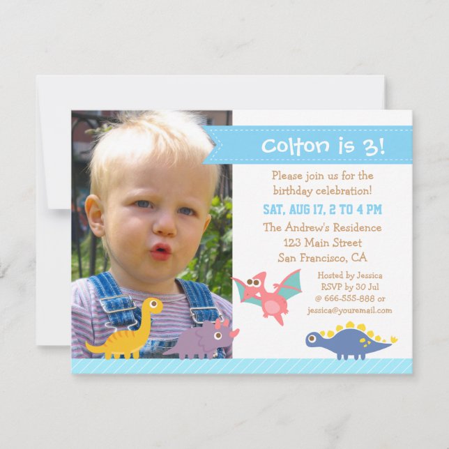 Photo Cute Colourful Dinosaur Birthday Party Invitation (Front)