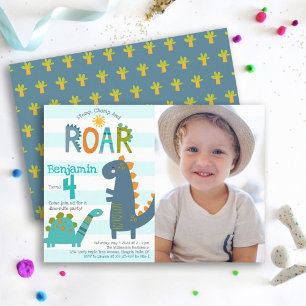 Photo Cute Dinosaurs Stomp Chomp Roar Boy Birthday Invitation