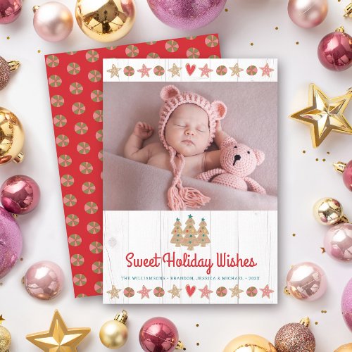 Photo Cute Gingerbread Sweet Wishes Rustic Wood Holiday Card