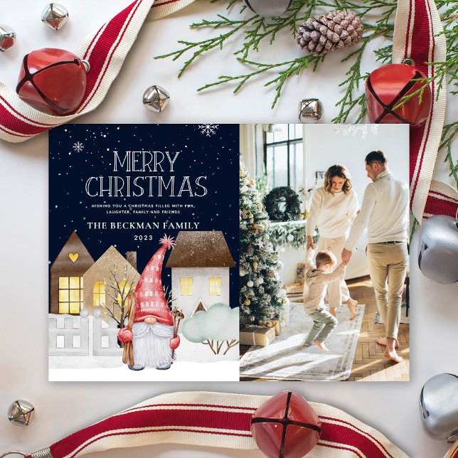 Photo Cute Gnomes Winter Snow Merry Christmas Holiday Card (Photo Cute Gnomes Winter Snow Merry Christmas Holiday Card)