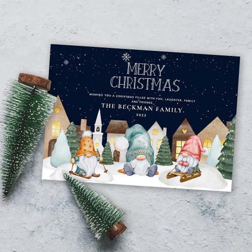 Photo Cute Gnomes Winter Snow Merry Christmas Holiday Card