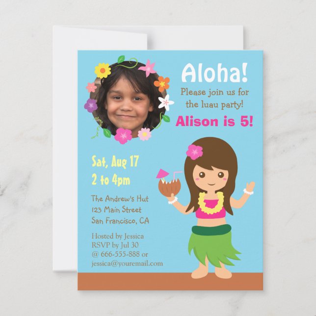 Photo Cute Hawaii Hula Girl Luau Party Invitation (Front)