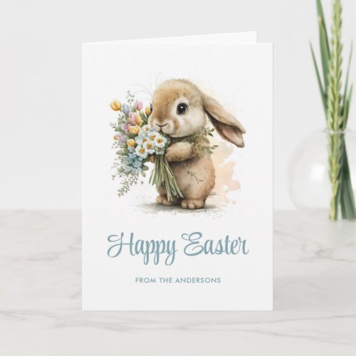 Photo Cute Little Bunny Flowers Happy Easter Holiday Card