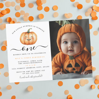 Photo Cute Little Pumpkin First Birthday Party Invitation