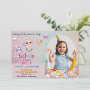 Photo cute mermaid magical birthday invitation