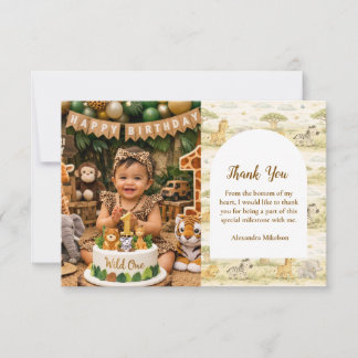 Photo Cute Neutral Safari Animals First Birthday Thank You Card