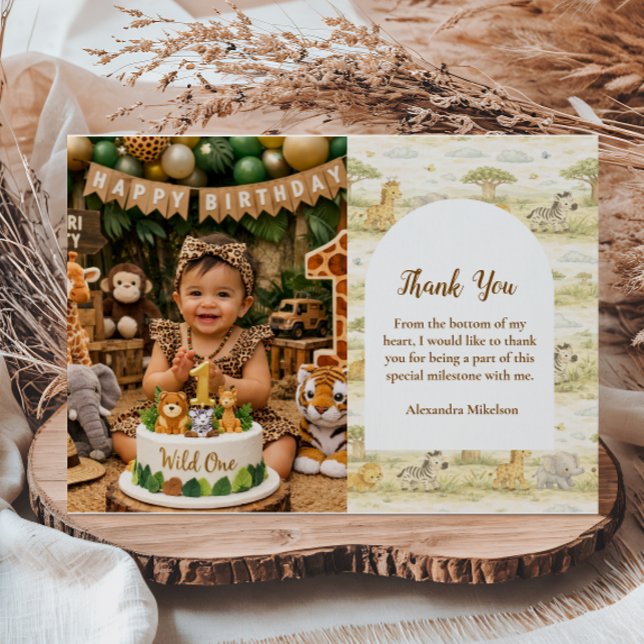 Photo Cute Neutral Safari Animals First Birthday Thank You Card (Creator Uploaded)