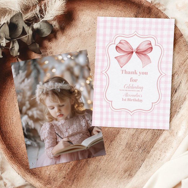 Photo Cute Pink Bow Coquette 1st Birthday Thank You Card (Creator Uploaded)