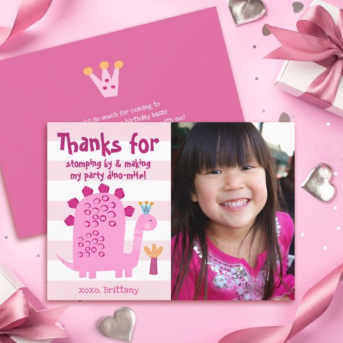 Photo Cute Pink Dinosaur Kawaii Fun Girl Birthday Thank You Card