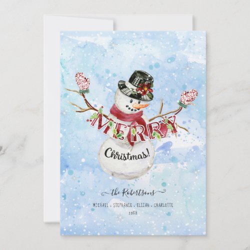Photo Cute Snowman Watercolor Merry Christmas  Holiday Card