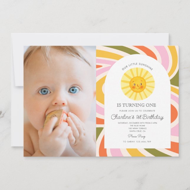 Photo Cute Sun Colorful Retro Wavy 1st Birthday Invitation (Front)