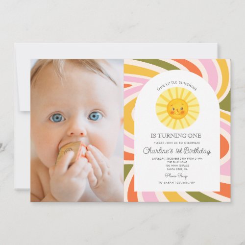 Photo Cute Sun Colorful Retro Wavy 1st Birthday Invitation