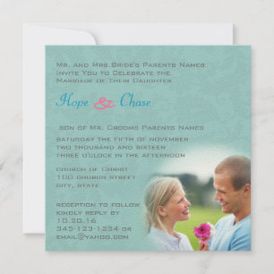Photo Damask Aqua Blue Pink Wedding Invitation
