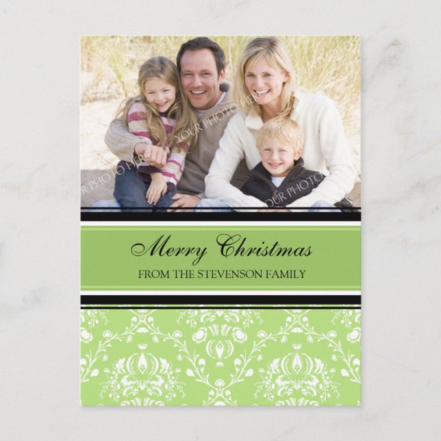 Photo Damask Merry Christmas Postcards Green (Front)