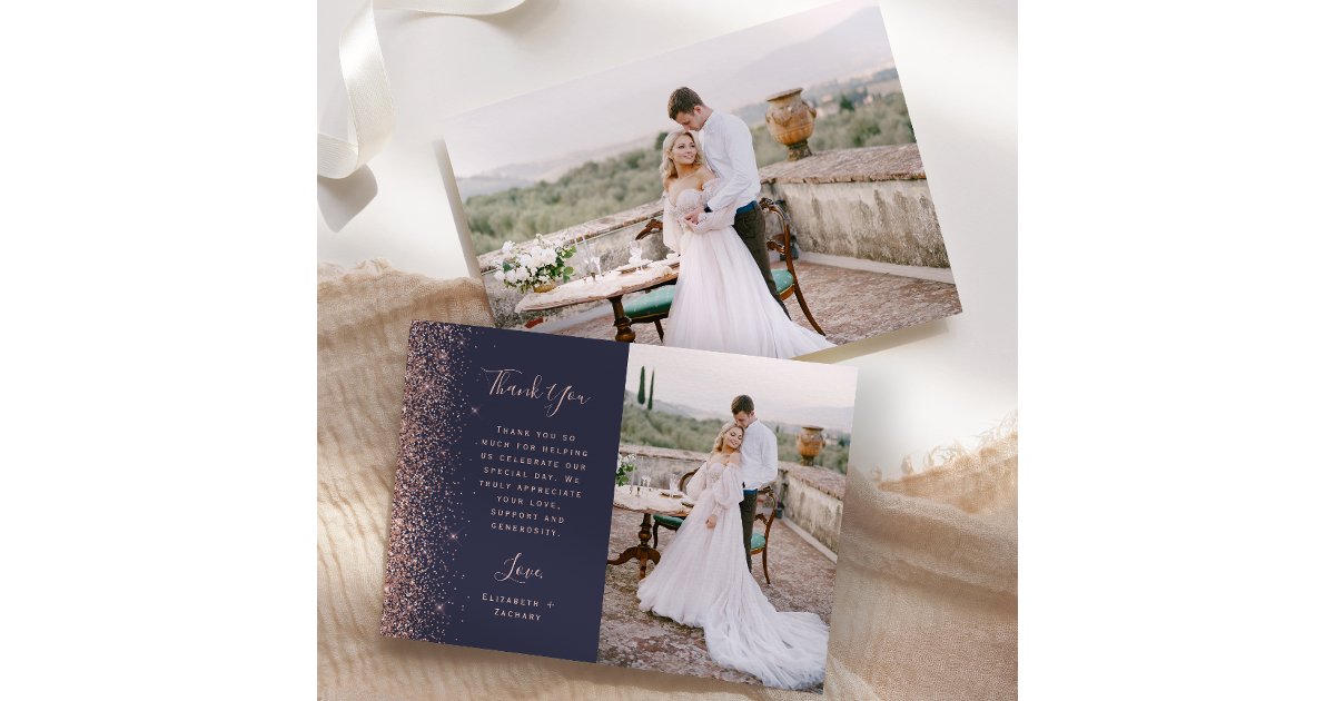 Photo Dark Blue Rose Gold Glitter Script Wedding Thank You Card | Zazzle