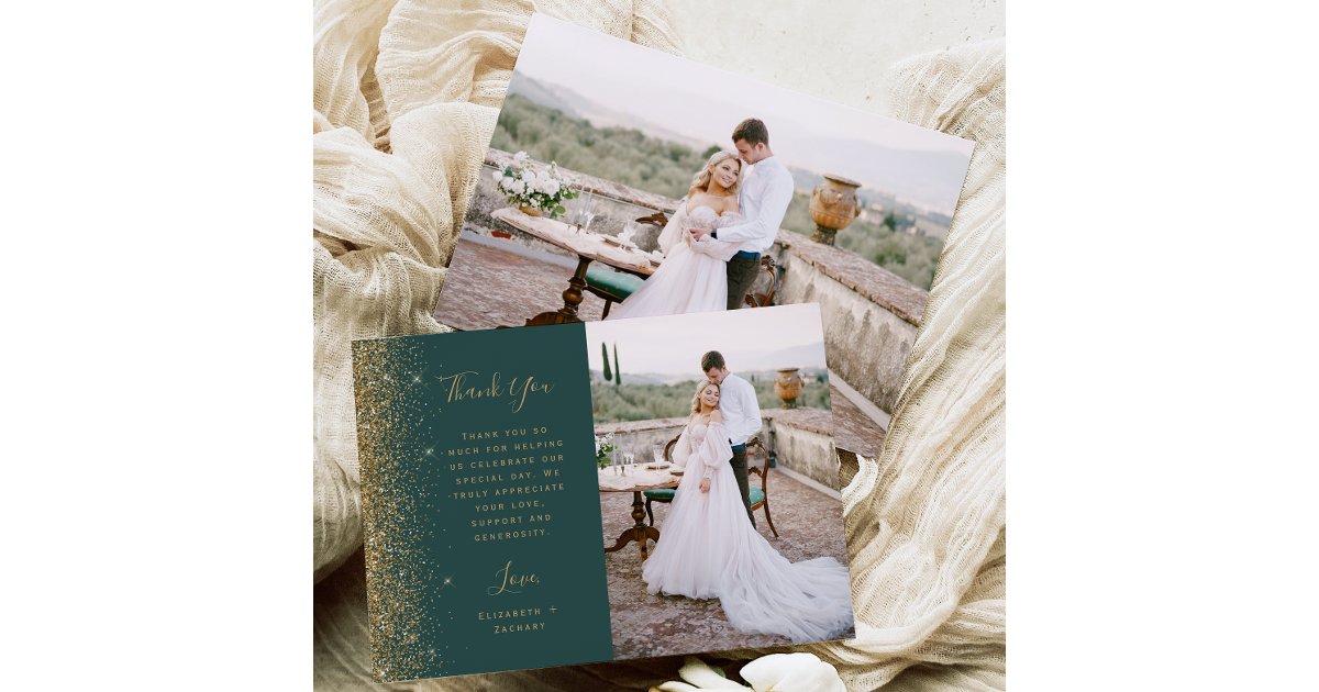 Photo Dark Green Gold Glitter Script Wedding Thank You Card | Zazzle