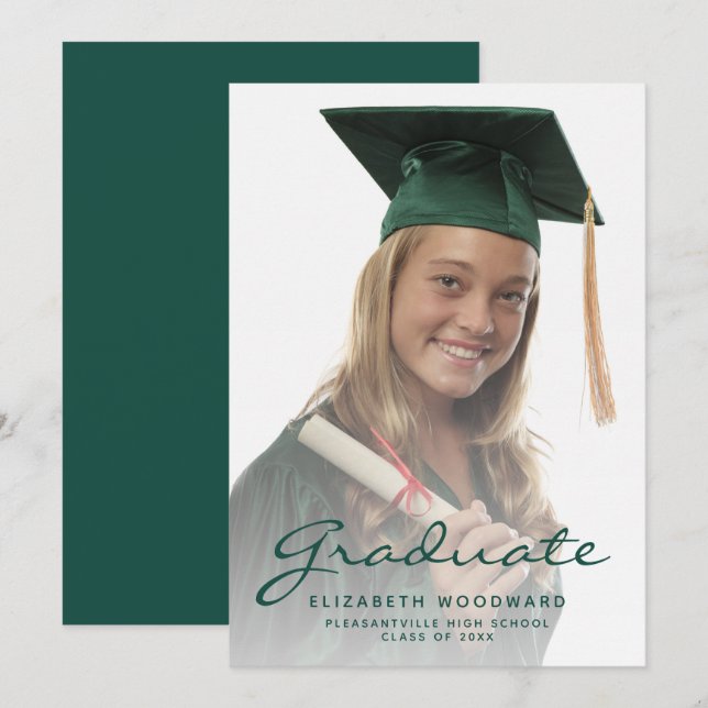 Photo Dark Green Script Graduation Announcement (Front/Back)
