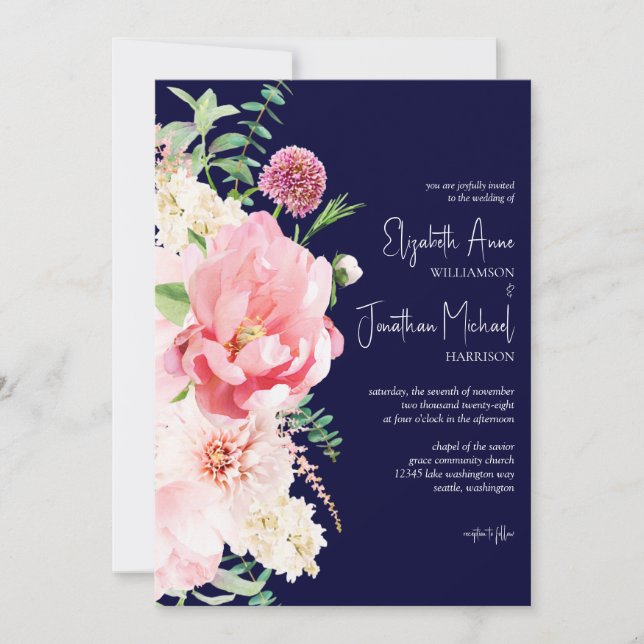 Photo Dark Navy Blush Pink Floral Stylish Script Invitation (Front)
