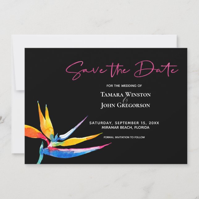 Photo Dark Tropical Bird of Paradise Beach Wedding Save The Date (Front)