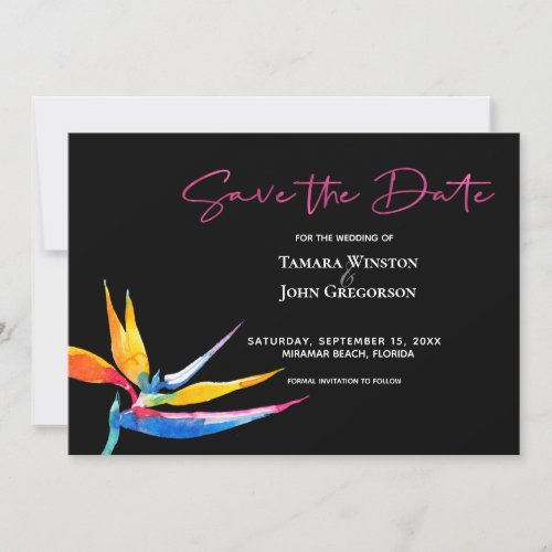 Photo Dark Tropical Bird of Paradise Beach Wedding Save The Date