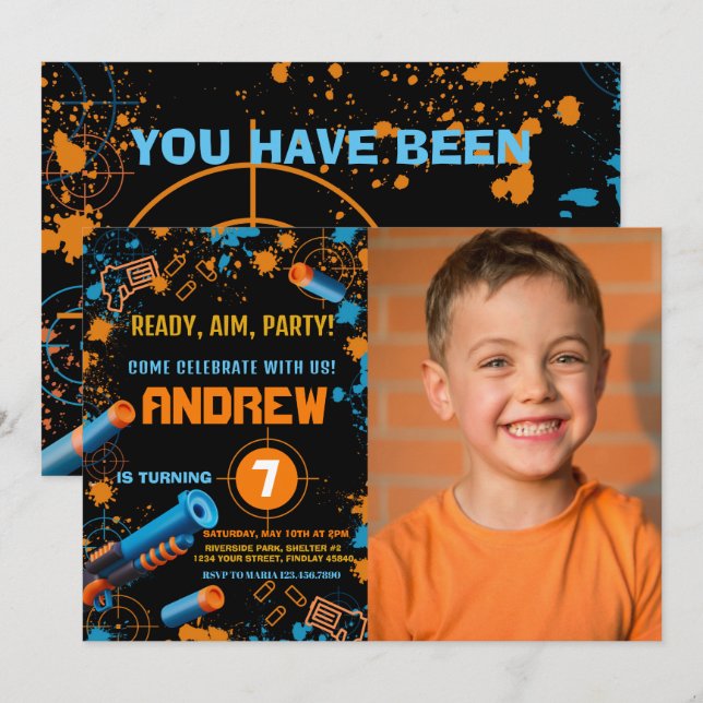 Photo Dart Party Birthday Invitation | Dart Gun (Front/Back)