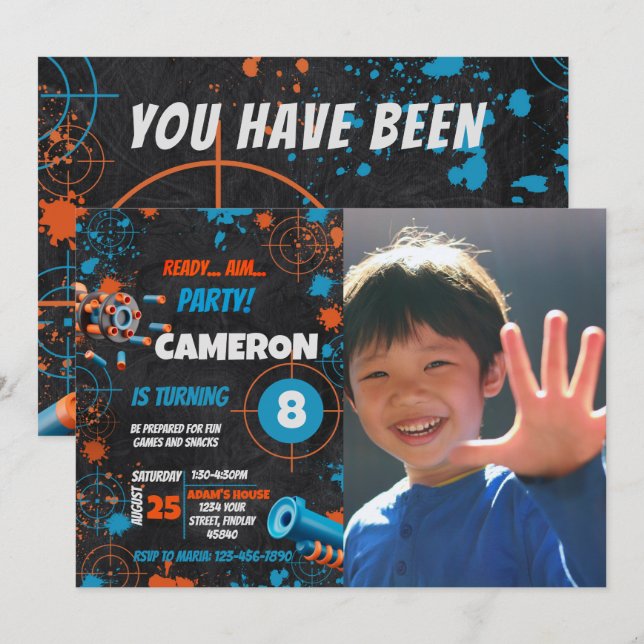 Photo Dart Party Birthday Invitation | Dart Gun (Front/Back)