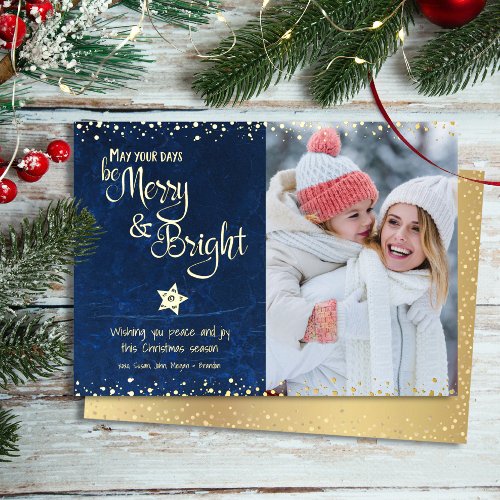 Photo Days Be Merry Bright Script Navy Real Gold Foil Holiday Card