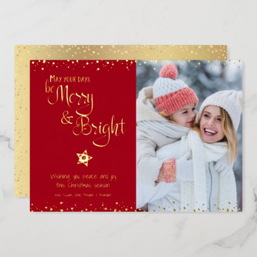 Photo Days Be Merry Bright Script Red Real Gold Foil Holiday Card