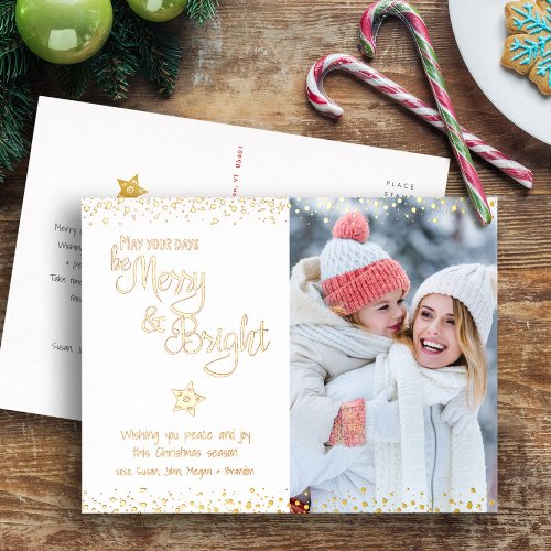 Photo Days Be Merry Bright Script White Real Gold Foil Holiday Postcard