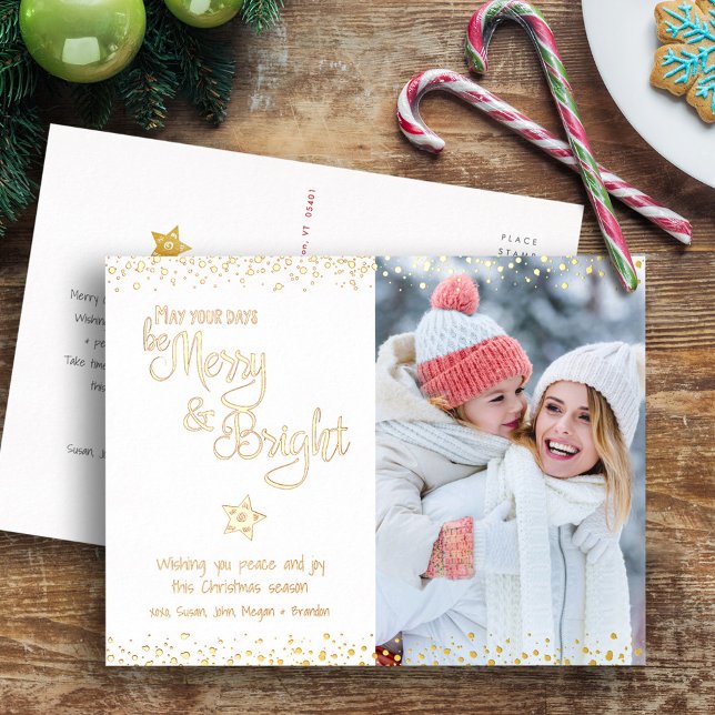 Photo Days Be Merry Bright Script White Real Gold Foil Holiday Postcard (Creator Uploaded)