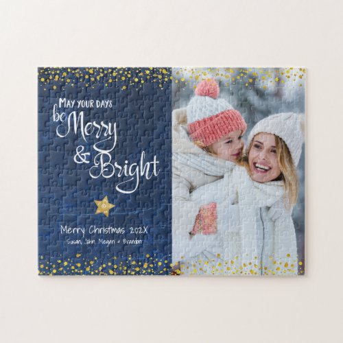 Photo Days Merry Bright Script Gold Blue Holiday Jigsaw Puzzle