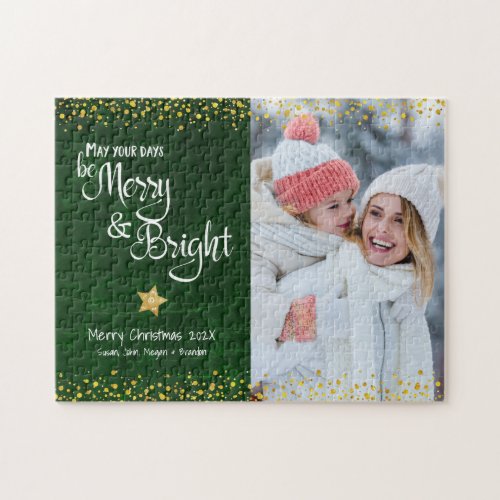 Photo Days Merry Bright Script Gold Green Holiday Jigsaw Puzzle