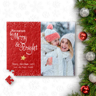 Photo Days Merry Bright Script Gold Red Holiday Jigsaw Puzzle
